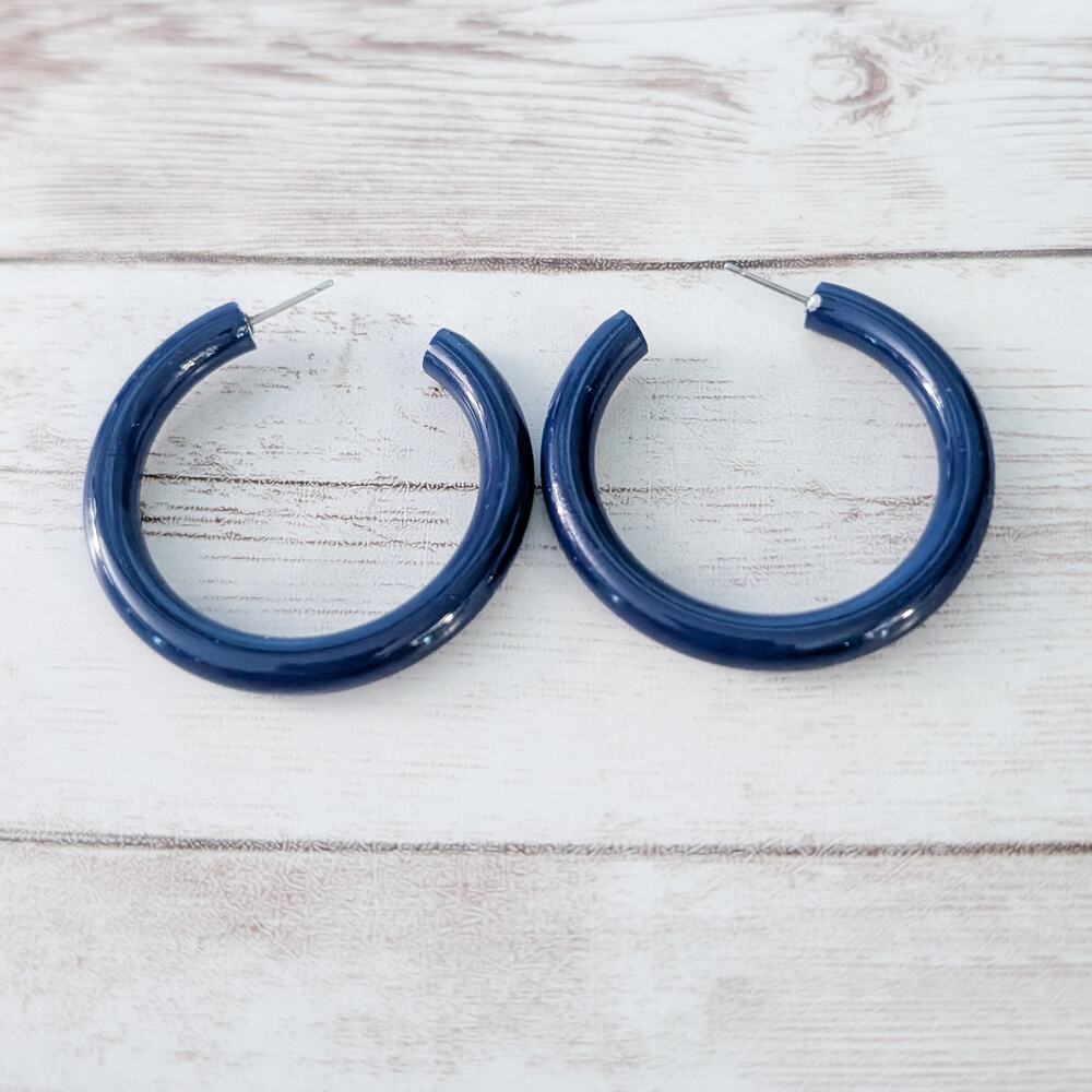 Vintage Stud Earrings - Dark Blue Large Hoops 1 & 5/8" Statement Retro